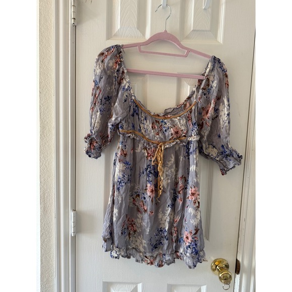 Free People‎ Marney Mini Dress XS Gray Floral Velvet Trim Boho Romant - Picture 2 of 12